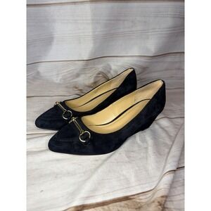 Talbots Black Suede Leather Wedges Horsebit Size 7M Classic Timeless